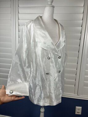 Vintage Positive Influence White Satin Trench Coat 14W Double Breasted Belted